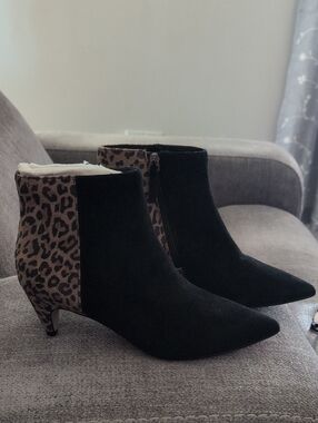 Isaac Mizrahi Black Suede & Leopard-Print Kitten Heel Ankle Boots